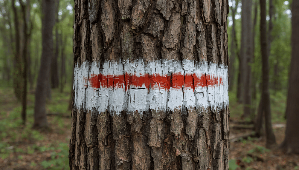 Marquage à la peinture sur un tronc d'arbre avec un rectangle blanc horizontal et un trait rouge à l'intérieur.