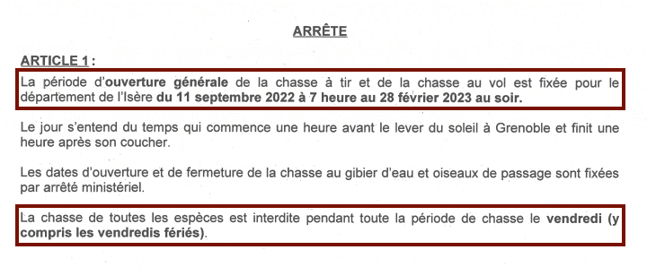 Exemple d'arrêté préfectoral concernant la chasse en Isère
